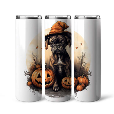 Halloween Boxer Sitting In Hall 20oz Skinny Tumbler, Boxer Tumbler, Pets Dog Lover, Dog Mom Dog Dad, Vibrant Tumbler, Trending Tumbler